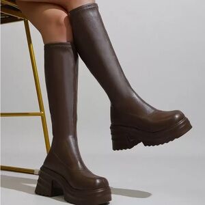 Chunky Brown Knee-High Platform Boots